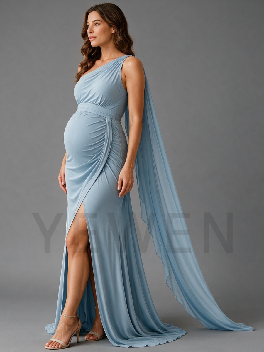 Blue One-Shoulder Cape Sleeve Maternity Dress For Baby Shower
