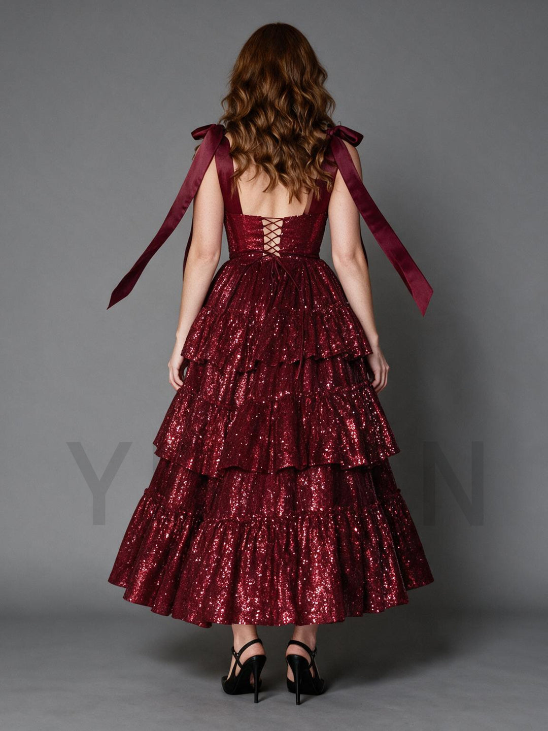 Burgundy Bow Strap Sequin Layered Ruffle Christmas Dress YW26100810