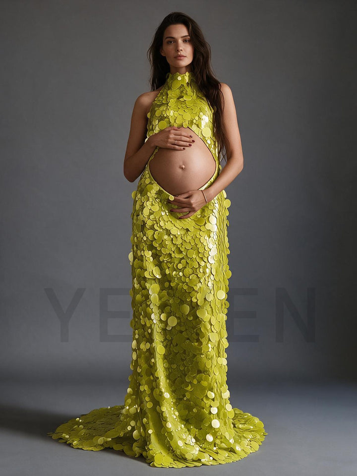Halter Cutout Belly Sequin Maternity Baby Shower Dress YW2609233