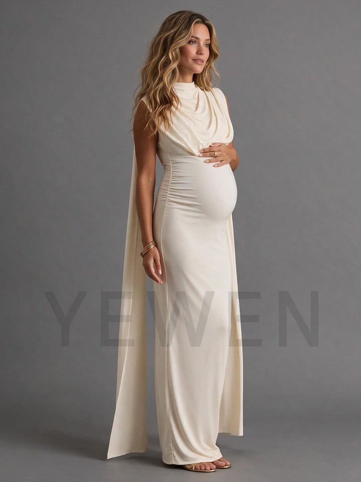 Mock Neck Draped Long Cape Maternity Dress for Baby Shower YM261011