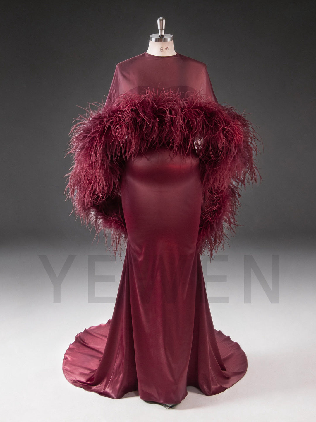 Burgundy Ostrich Feather Cape Maternity Baby Shower Dress YD260917
