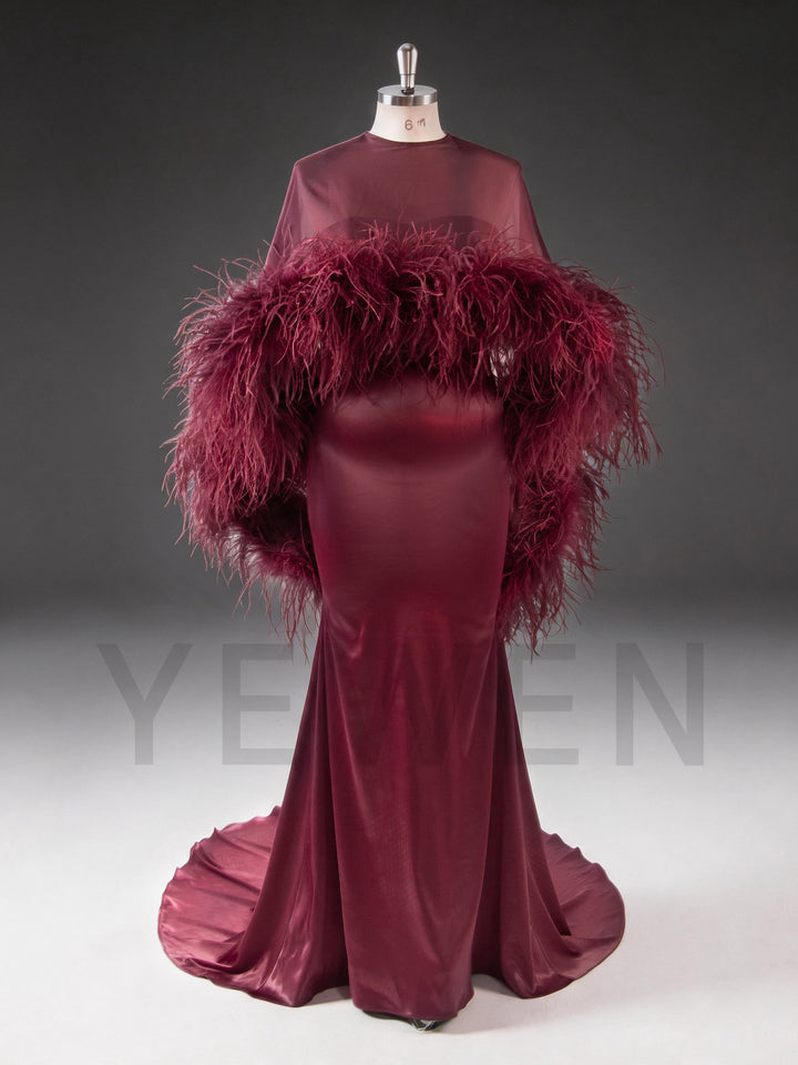 Burgundy Ostrich Feather Cape Maternity Baby Shower Dress YD260917