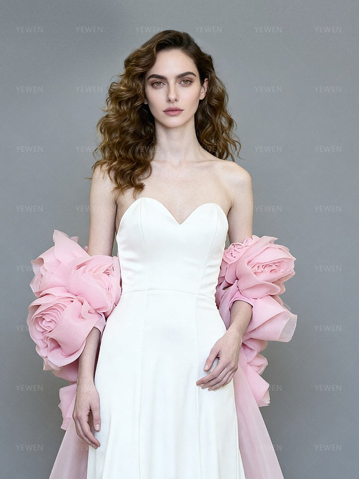 Fashion Formal Dress with 3D Flower Long Cape Wedding Party Gown