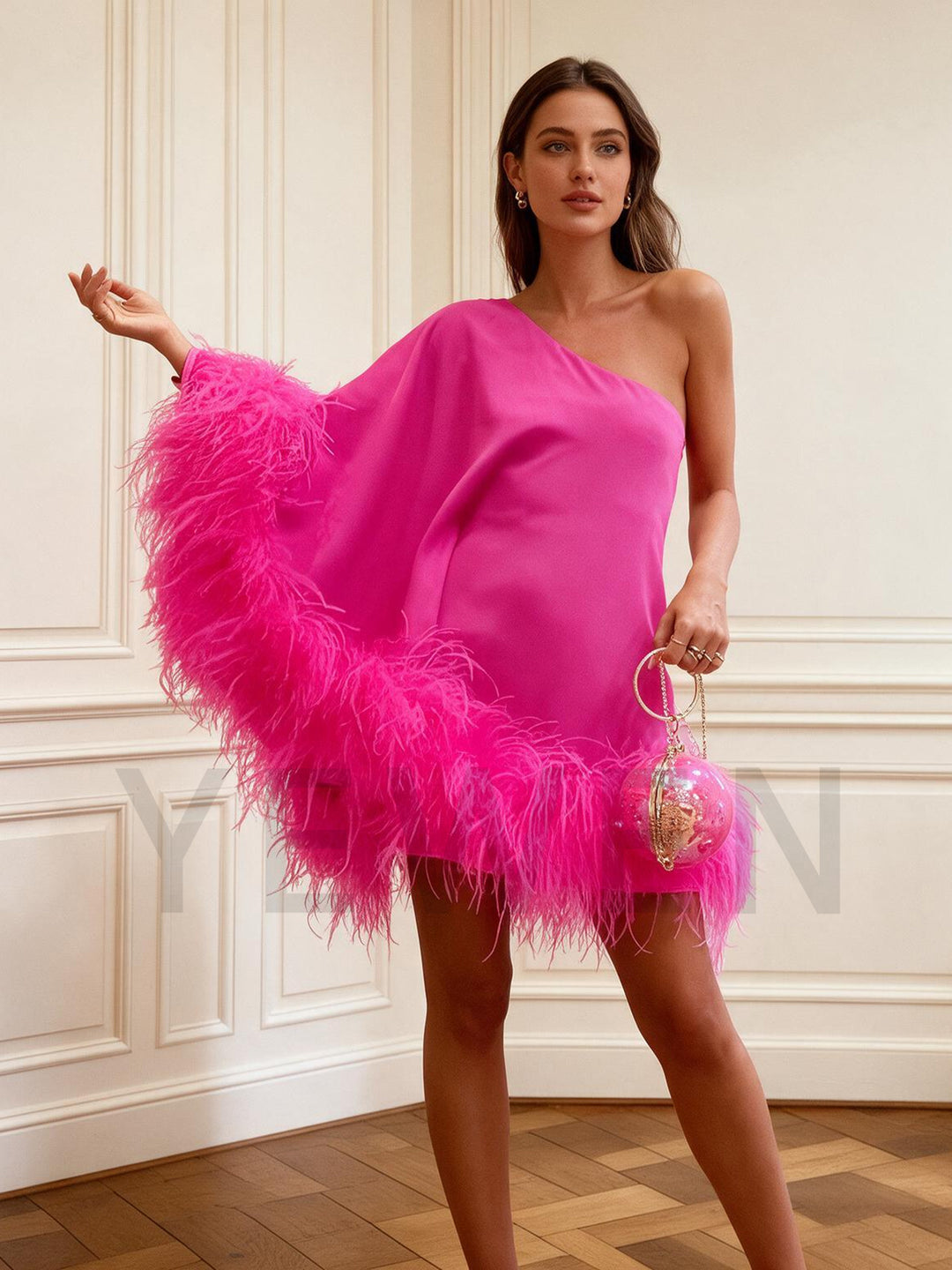 Fuchsia Ostrich Feather One-Shoulder Poncho Party Dress YW2610062
