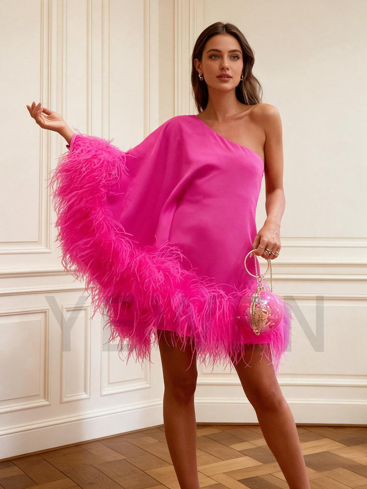 Fuchsia Ostrich Feather One-Shoulder Poncho Party Dress YW2610062