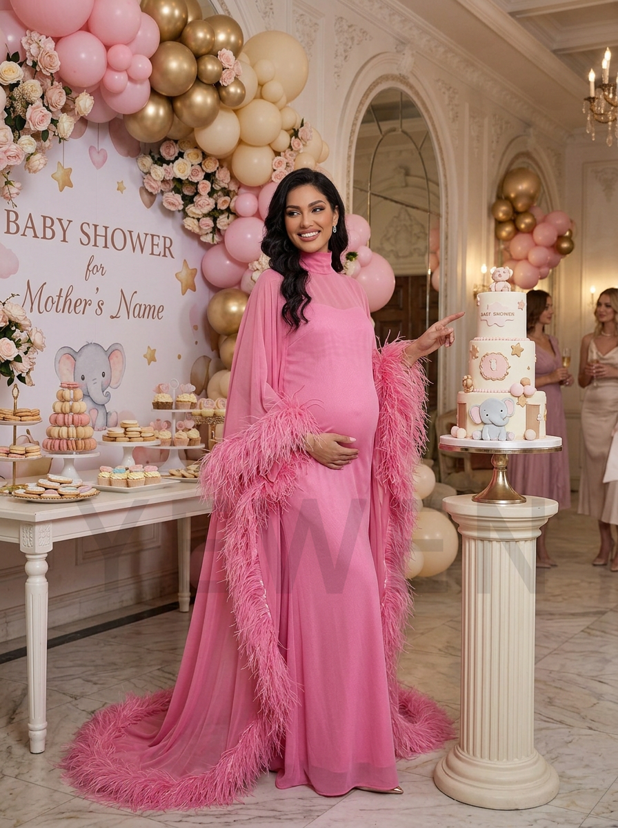 Luxury Ostrich Feather Cape Maternity Baby Shower Dress YD260837