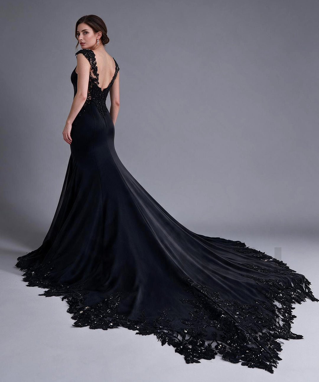 Deep V-Neck Sequin Sheer Lace Fitted Mermaid Evening Gown YX26104