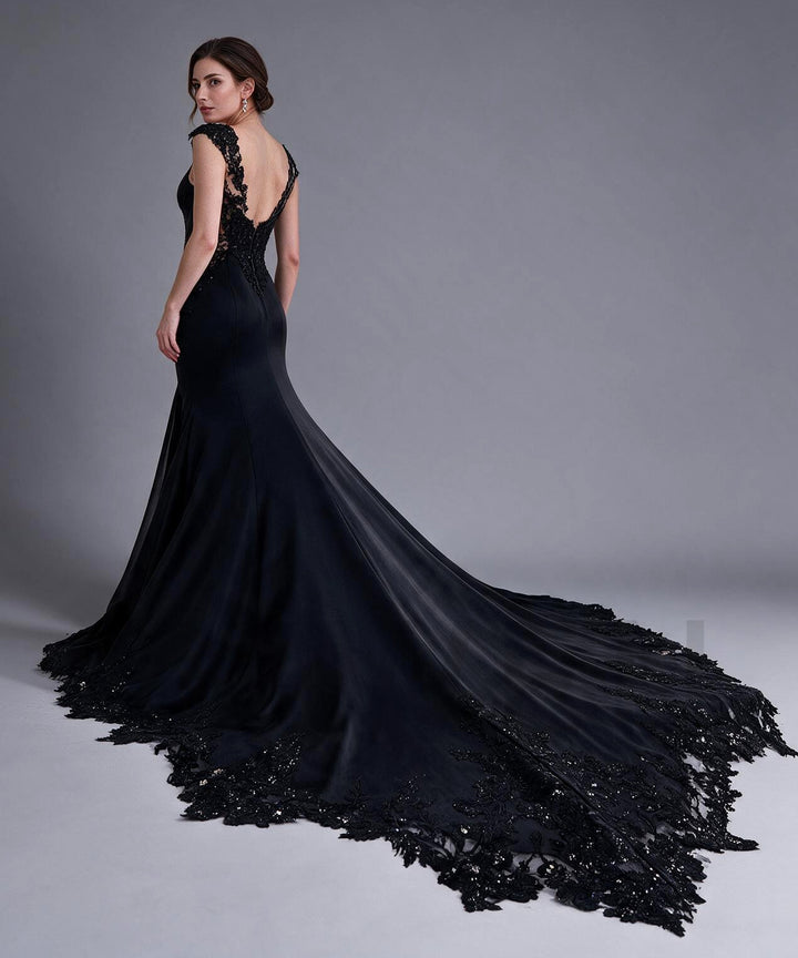 Deep V-Neck Sequin Sheer Lace Fitted Mermaid Evening Gown YX26104