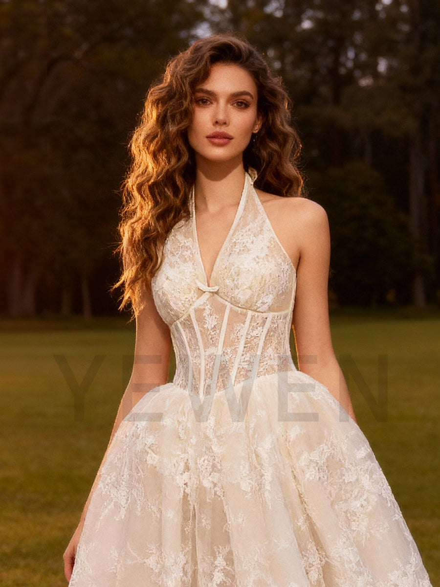 Romantic Halter V Neck Wedding Dress A Line Lace Bridal Gown