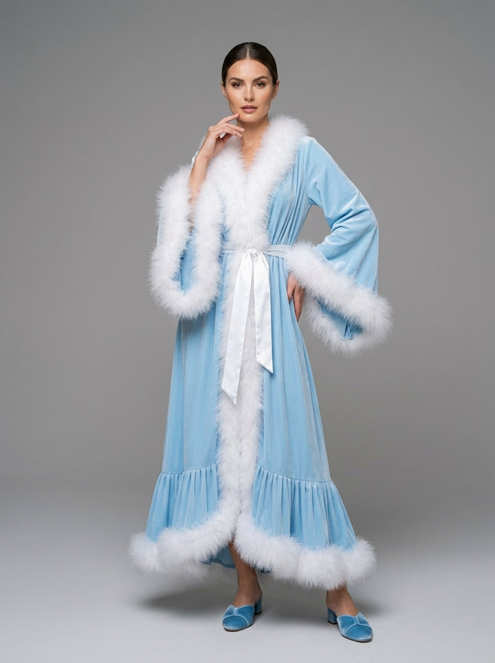 Velvet Christmas Robe with White Faux Fur Trim and Ruffle Hem YD261014
