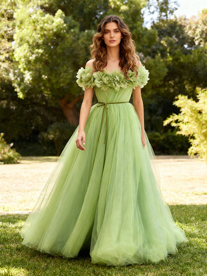 Off Shoulder 3D Floral Appliques Evening Dress Women Party Birthday Prom Dress