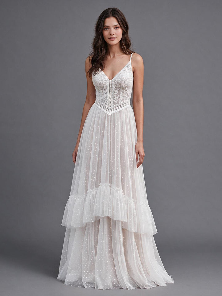 Ivory Spaghetti Strap V-Neck Lace Corset Boho Wedding Dress