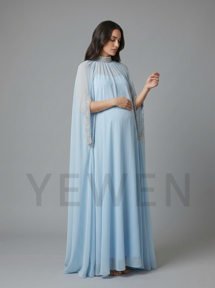 Mock Neck Rhinestone Cape Sleeve Maternity Baby Shower Dress YD261009