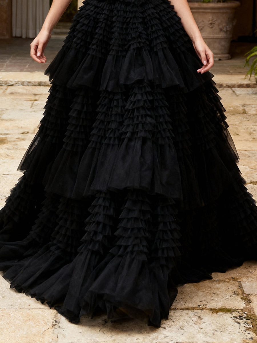 Off The Shoulder Layered Prom Dresses Black Tulle Ruffles Formal Occation Party Dress