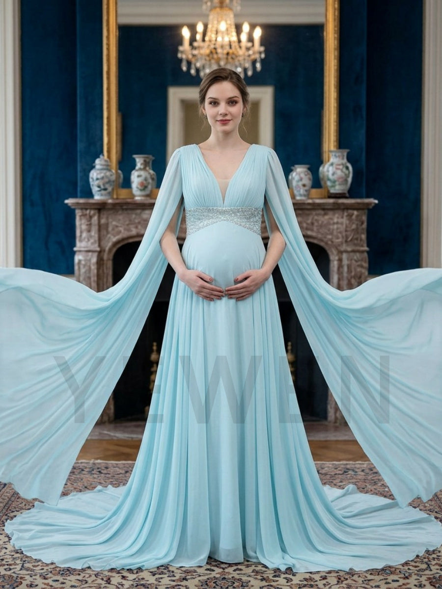 Blue Draped Chiffon Maternity Photoshoot Dress with long train YD260901