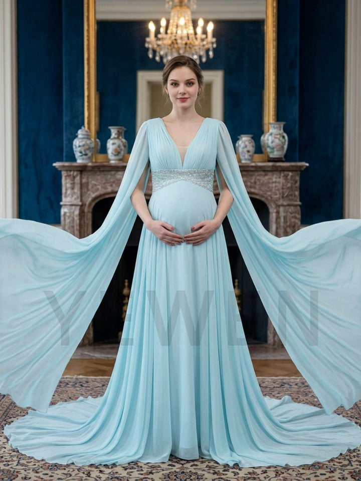 Blue Draped Chiffon Maternity Photoshoot Dress with long train YD260901