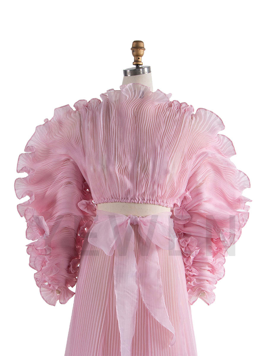 Pink Color 2 Piece Set Pleated Organza Maternity Dresses for Photoshoot Sheer Dress for Maternity Baby Shower YW250013-1