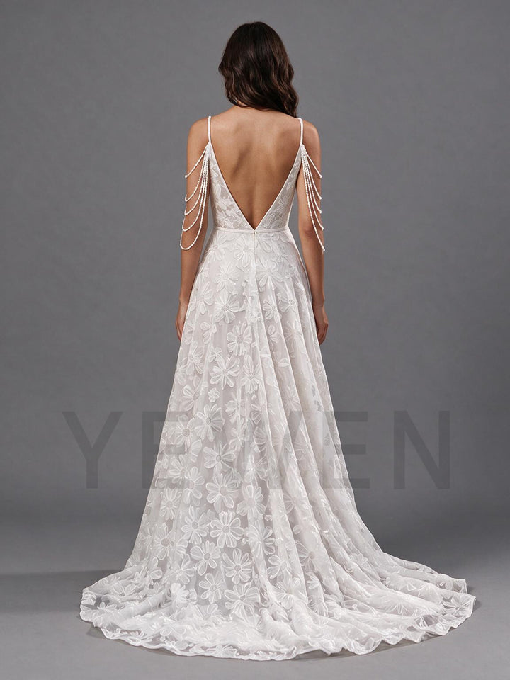 Ivory Spaghetti Strap Floral Lace Boho Wedding Dress with Draped Pearl