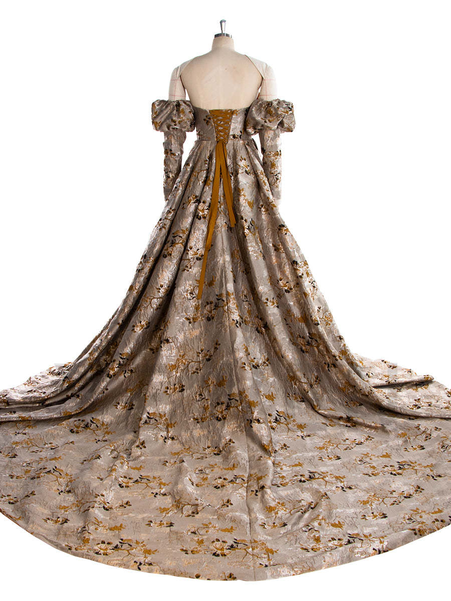 Vintage Jacquard Brocade Formal Dress Elegant Evening Gown Puffy Sleeves Photoshoot Gown YW243105