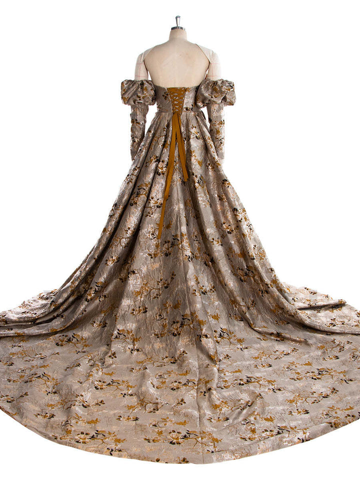 Vintage Jacquard Brocade Formal Dress Elegant Evening Gown Puffy Sleeves Photoshoot Gown YW243105