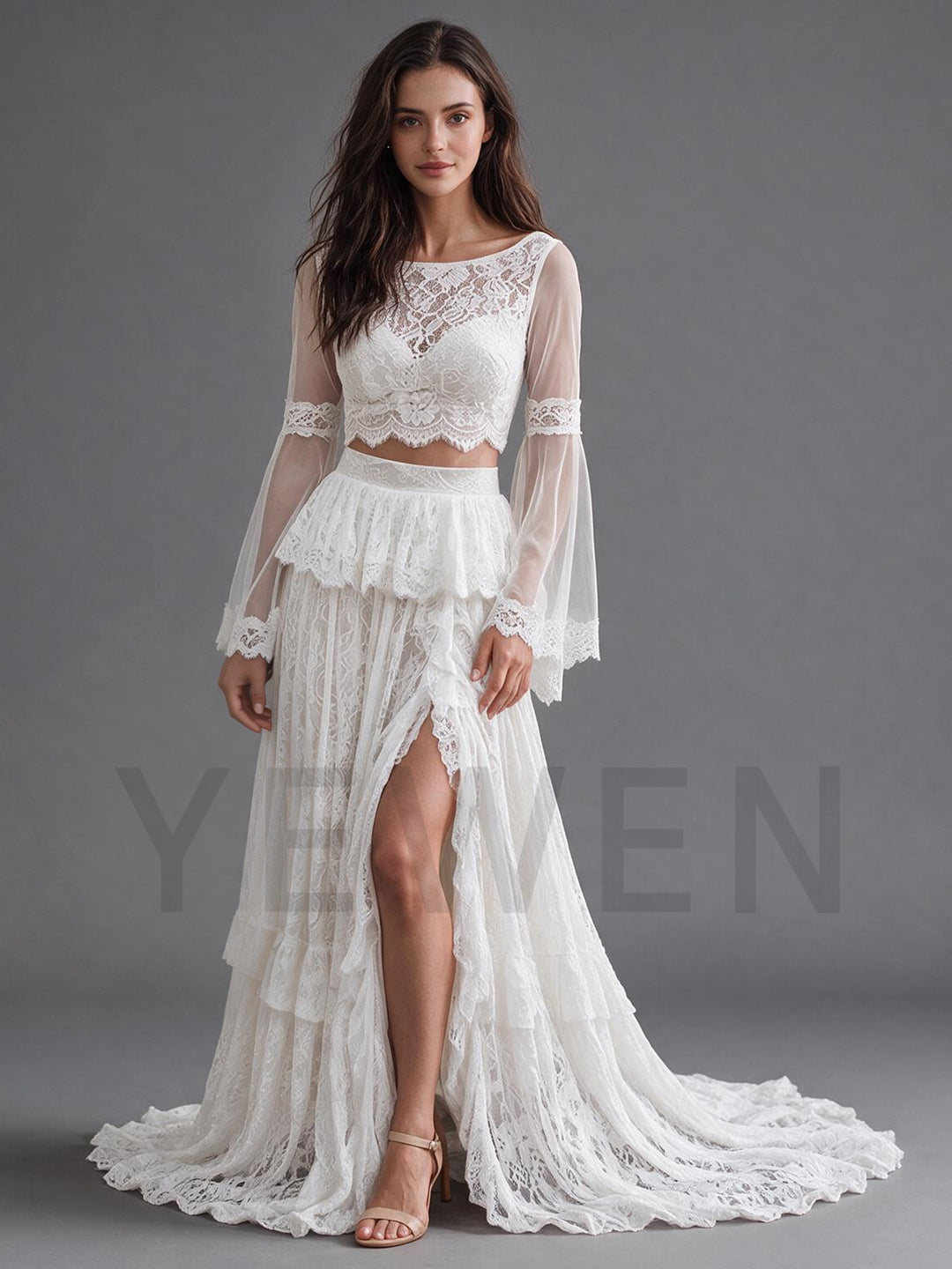 Ivory Two-Piece Sheer Long Sleeve Floral Lace Boho Wedding Dress