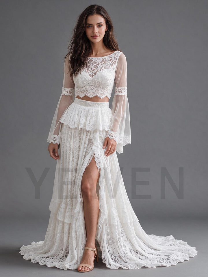 Ivory Two-Piece Sheer Long Sleeve Floral Lace Boho Wedding Dress