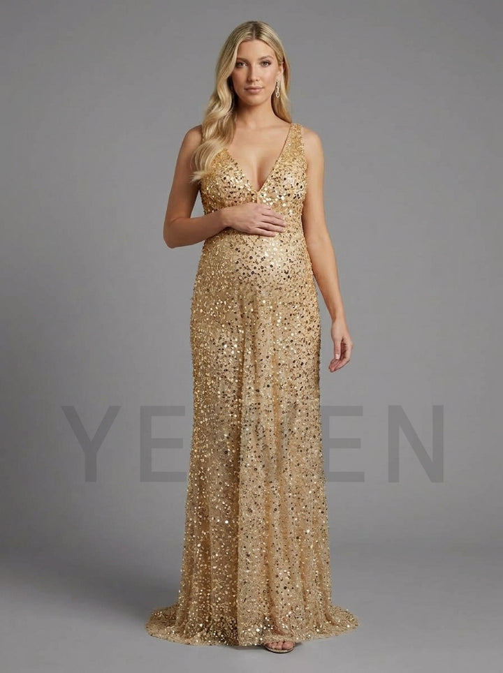 Sequin Deep V-Neck Maternity Gown for Baby Shower YD261012