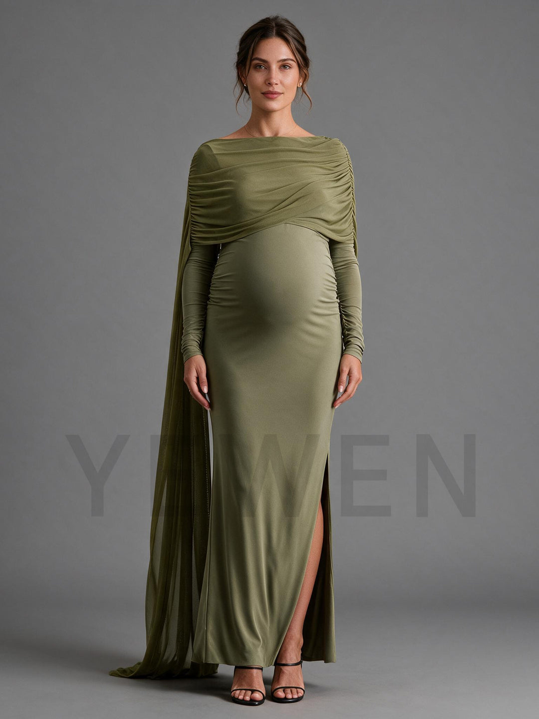 Olive Green Ruched Draped Maternity Baby Shower Gown with Long Cape