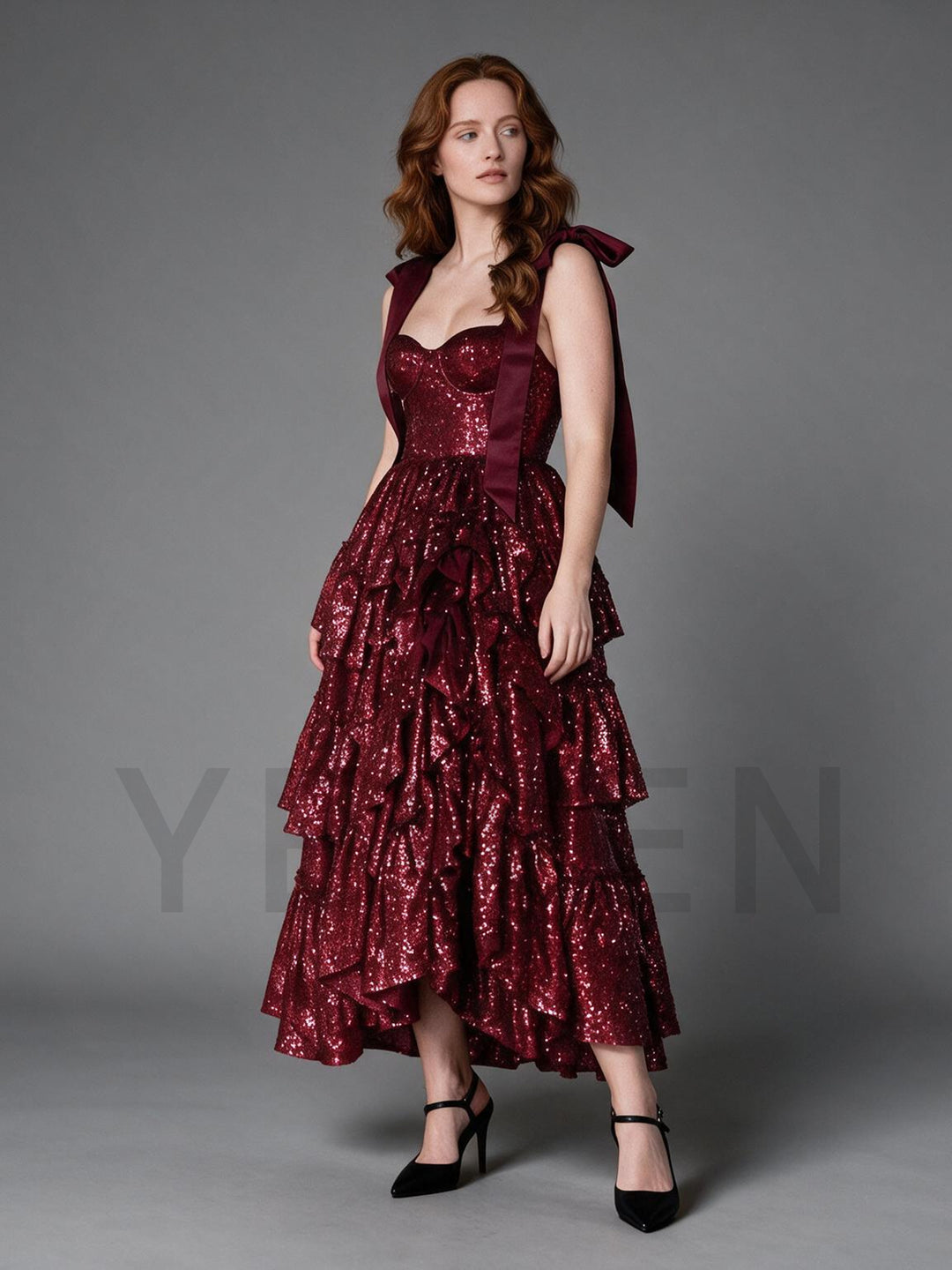 Burgundy Bow Strap Sequin Layered Ruffle Christmas Dress YW26100810