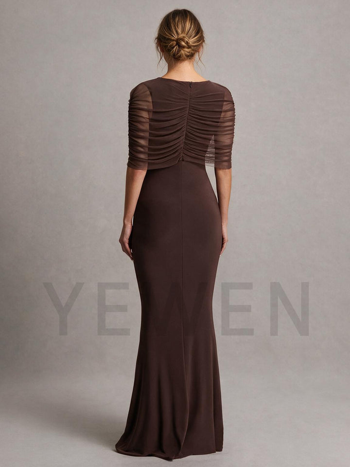 Brown Crew-Neck Maternity Gown With Mesh Cape