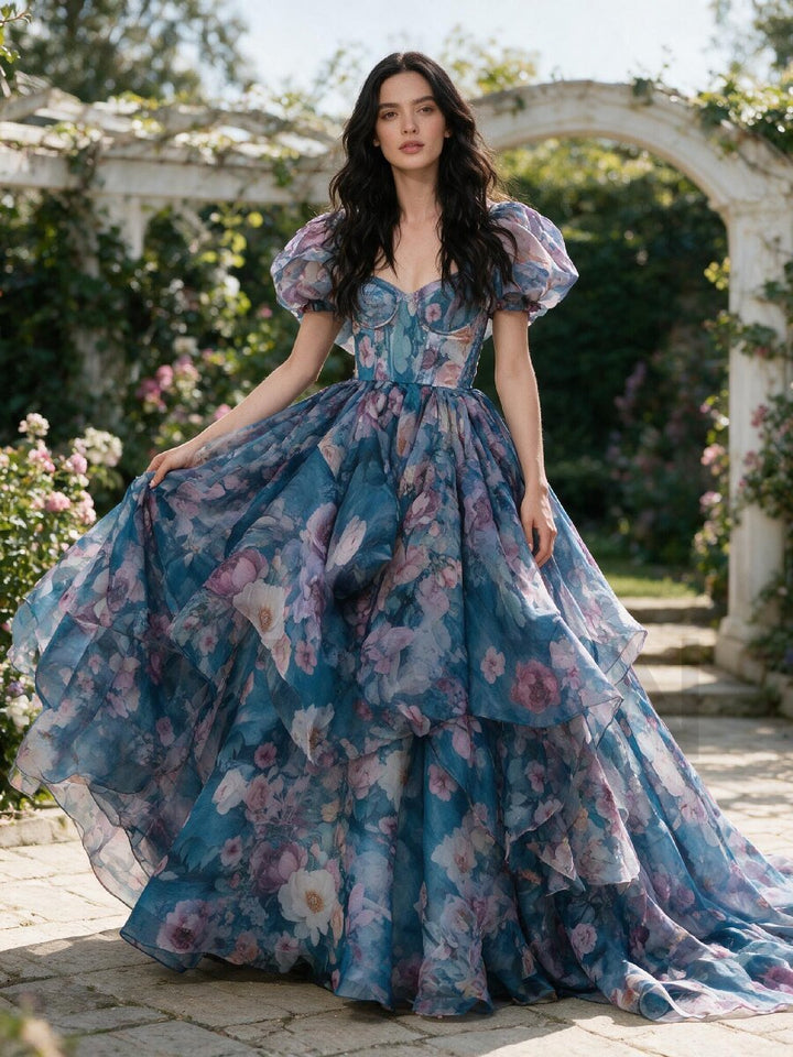 Floral Print Puff Sleeve Tiered Ruffle Princess Dress YW2610157