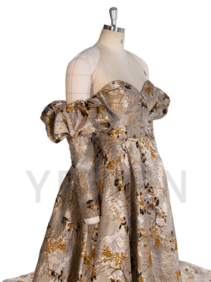 Vintage Jacquard Brocade Formal Dress Elegant Evening Gown Puffy Sleeves Photoshoot Gown YW243105
