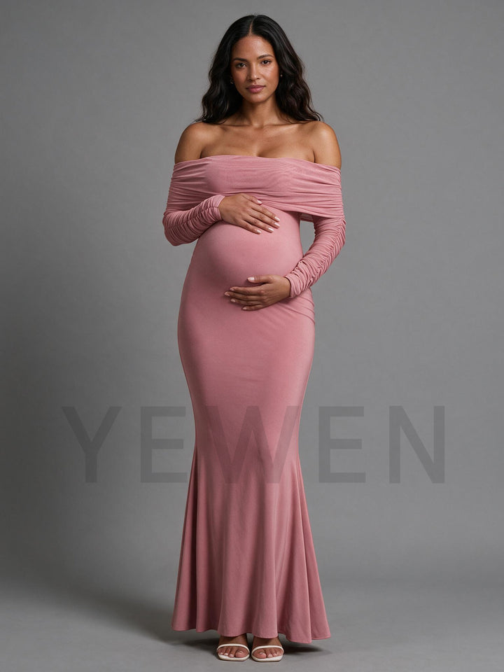 Dusty Pink Maternity Maxi Dress for Baby Shower Off-The-Shoulder Ruched Sleeve
