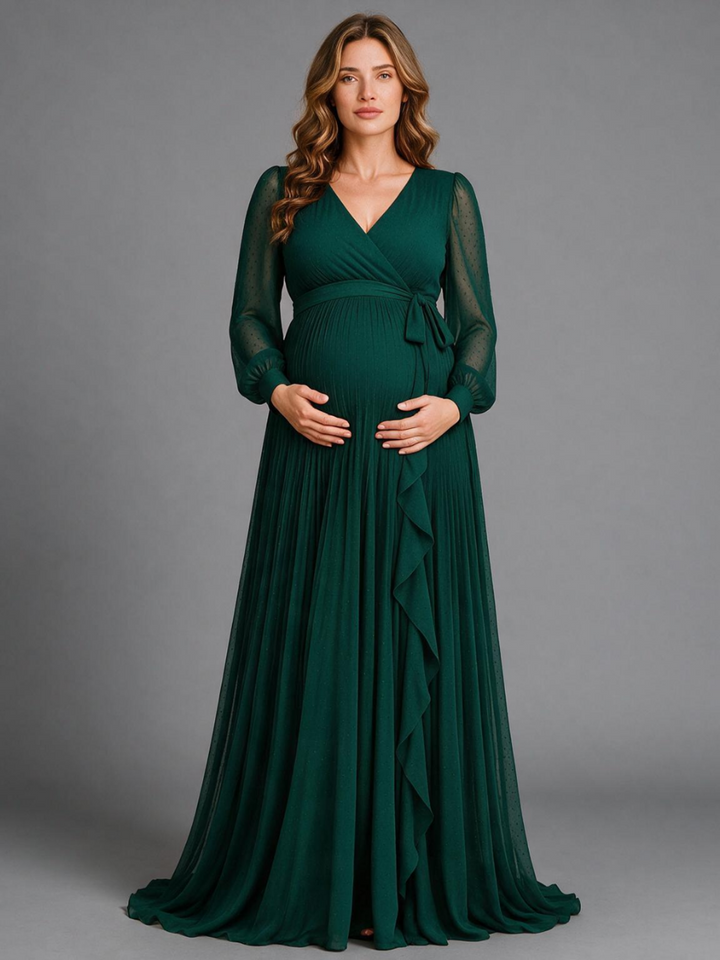 Flowy Green Wrap V-Neck Maternity Dress For Baby Shower
