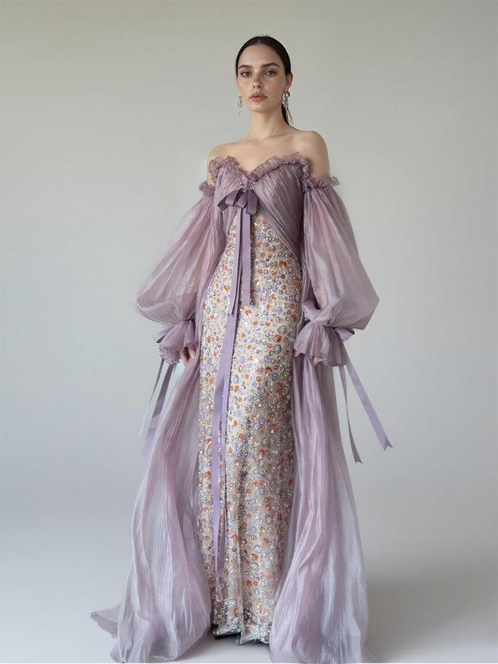 Fairy Purple Mermaid Evening Dresses Crystal Beaded Lace Women Celebrity Dress Lantern Long Sleeves Prom Gown