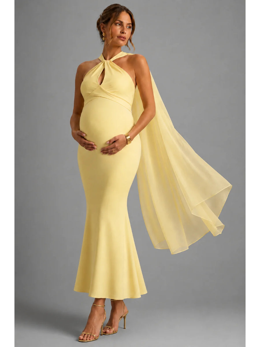 Yellow Halter-Neck Maternity Maxi Dress with Cape for Baby Shower L-26810