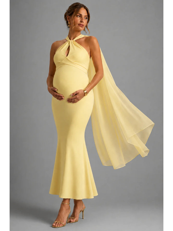 Yellow Halter-Neck Maternity Maxi Dress with Cape for Baby Shower L-26810