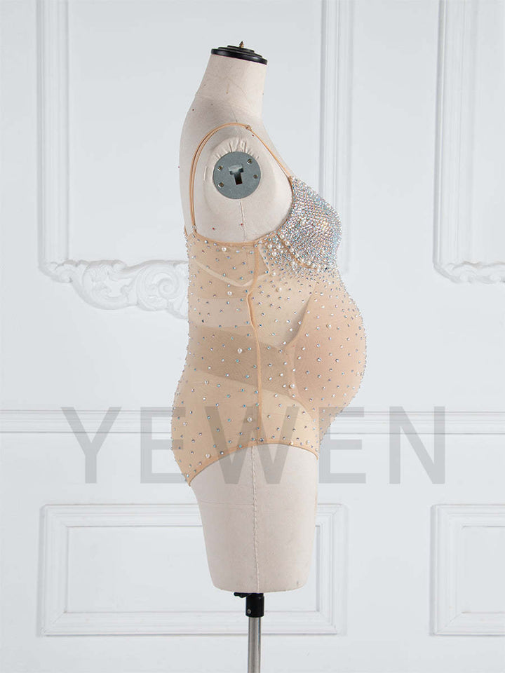 Stretchy Mesh Maternity Bodysuit Rhinestones Pearls Pregnancy Photoshoot Bodycon Rompers DD200817