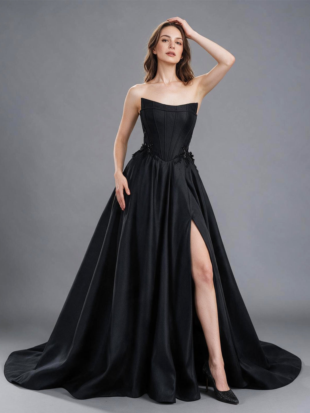 Black Bow High Slit Strapless Corset Satin Evening Gown YX26105