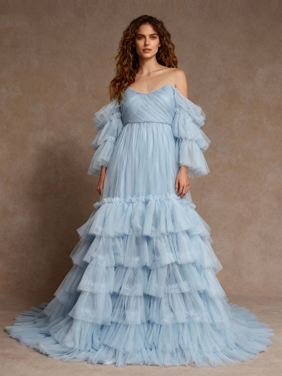 Baby Blue Tulle Dress for Photoshoot Ruffle Colorful Wedding Dresses YW2051-2