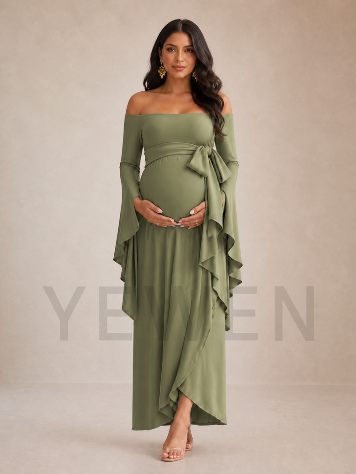 Olive Green Long Bell Sleeve Maternity Baby Shower Dress ZX002