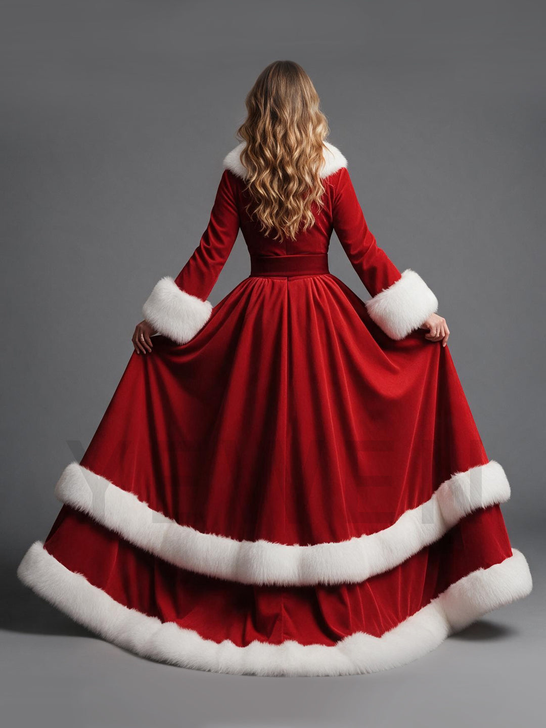 Red Velvet Deep V-Neck White Fur Trim Christmas Gown