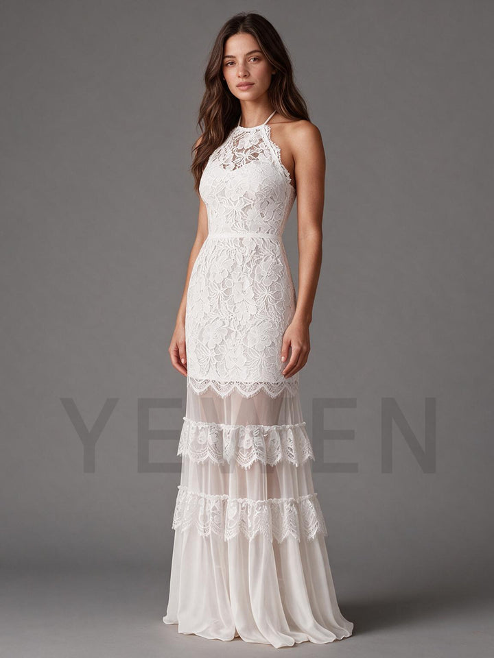 Ivory Halter Lace Boho Wedding Dress with Layered Tiered Skirt