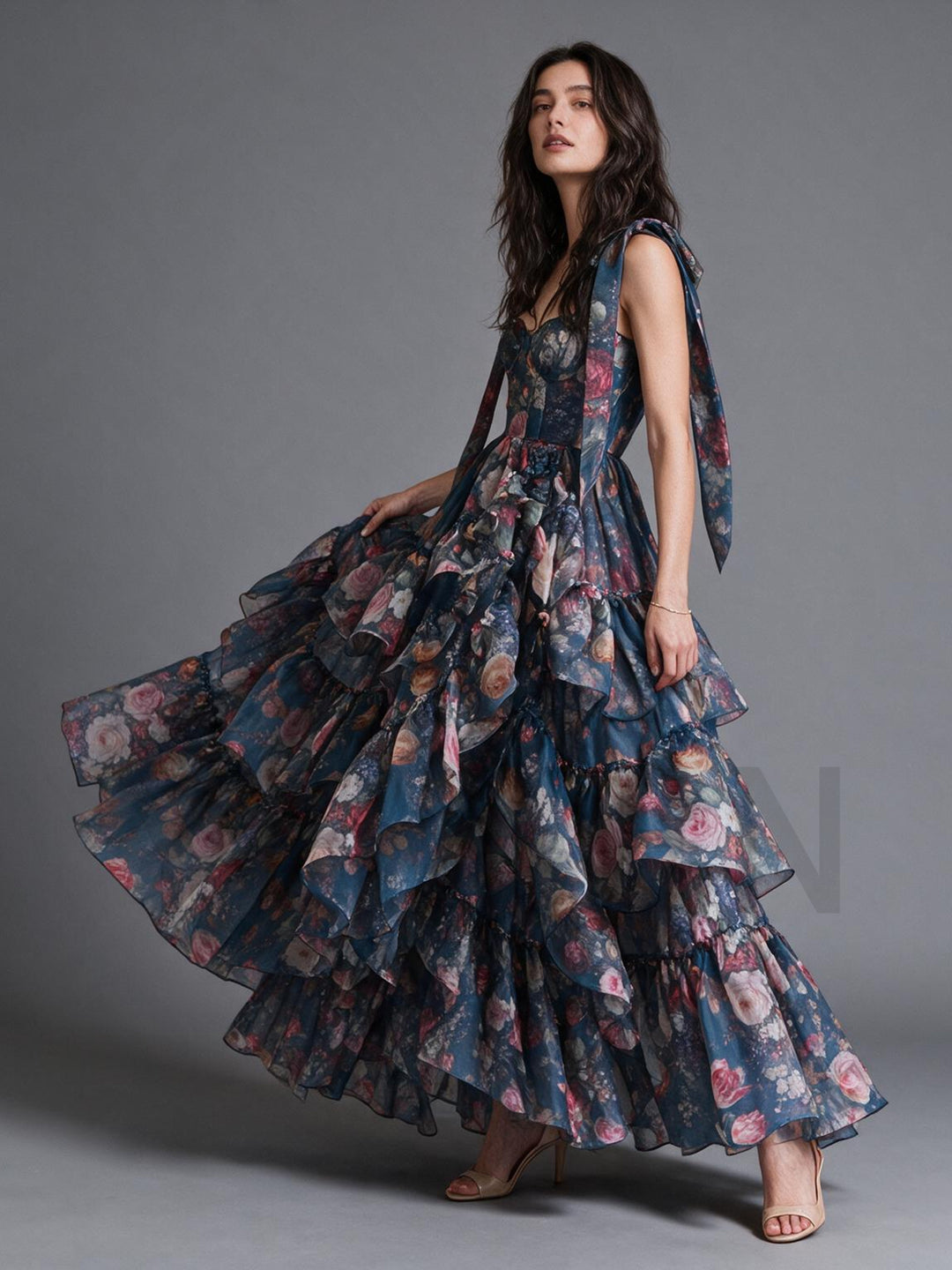 Blue Sweetheart Floral Print Tiered Ruffle Princess Dress YW2610134