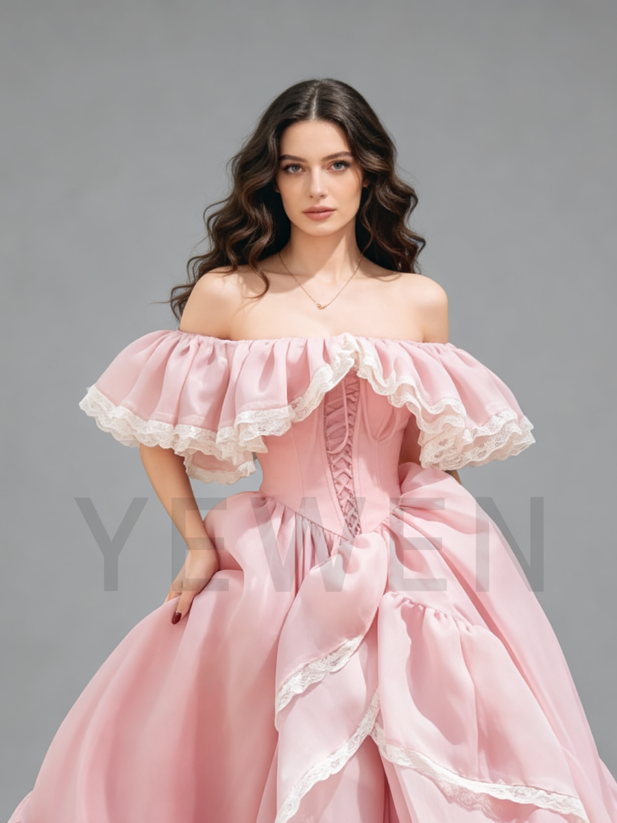 Blush Pink Organza Dress Off-shoulder Corset Gown for Photoshoot Adjustable Train Length