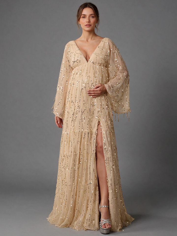 Champagne Sequin Maternity Baby Shower Dress with Flowy Sleeves