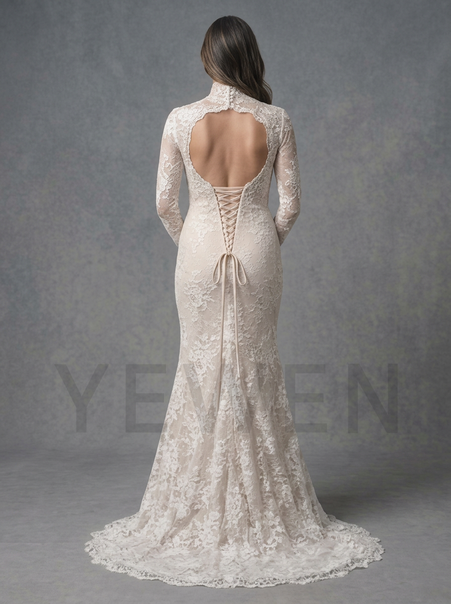 Chantilly Lace Mermaid Maternity Wedding Dress Long Sleeve High Neck (without Veil ) YD260811