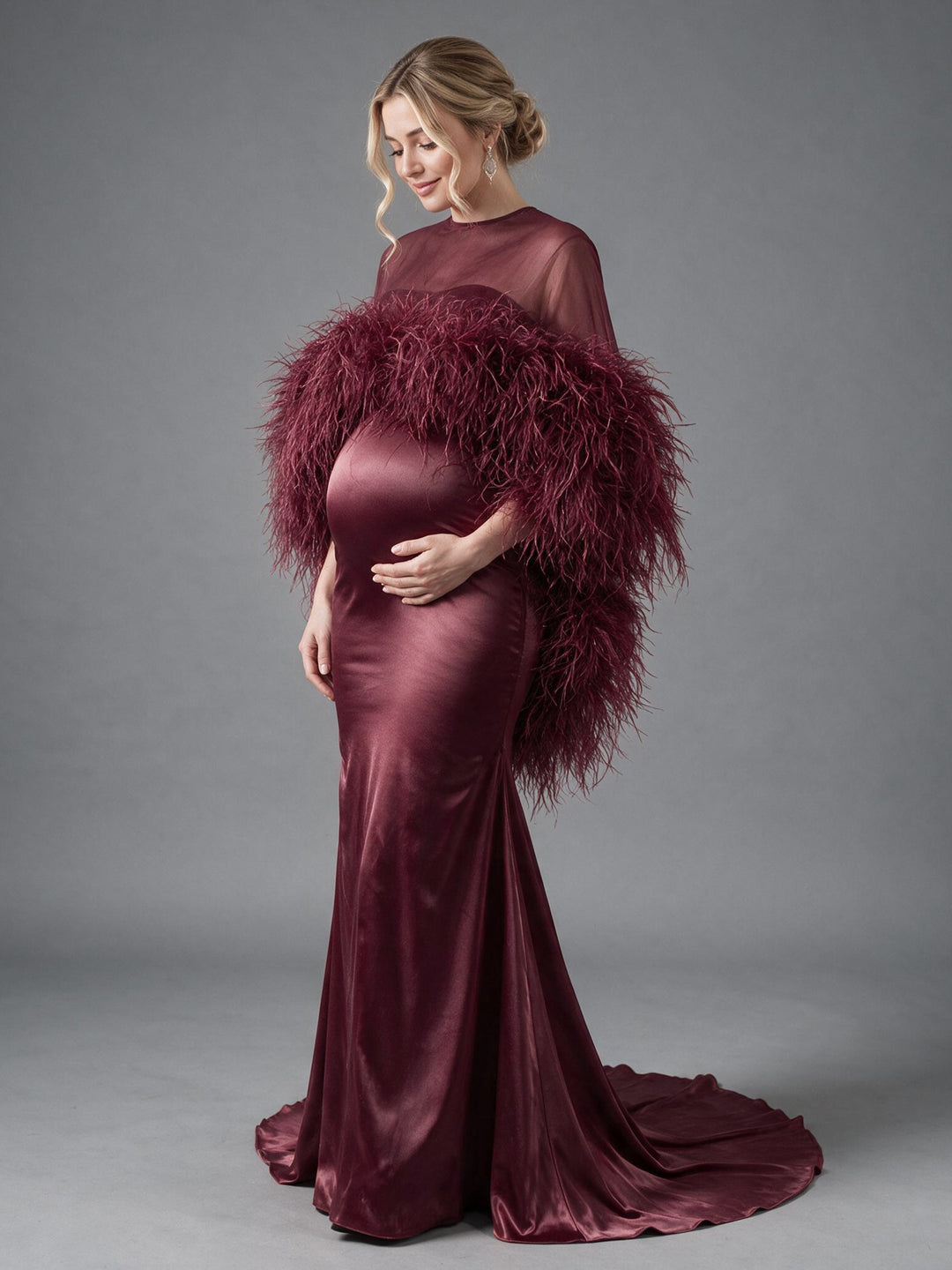 Burgundy Ostrich Feather Cape Maternity Baby Shower Dress YD260917