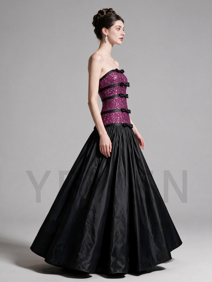 Strapless Sequin Bodice Evening Gown with Black Pleated Skirt YS001