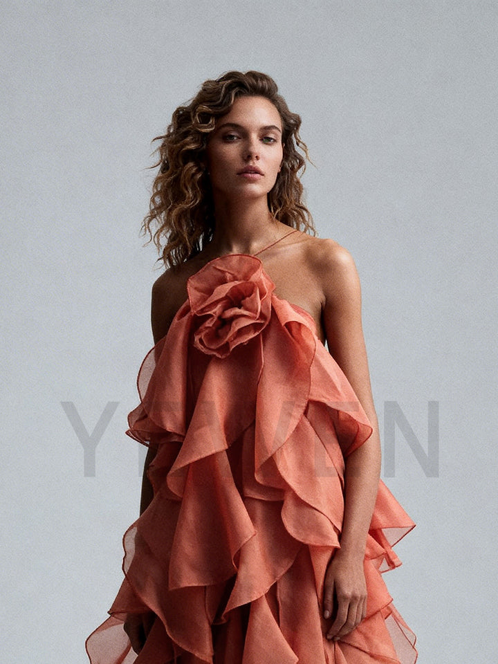 Solid Spliced Ruffles Party Beach Dress Backless Slim Maxi Dress